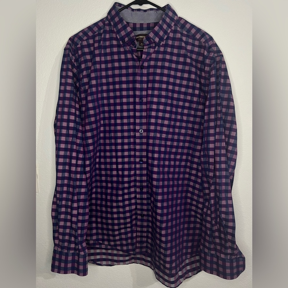 Johnston Murphy Purple Blue Plaid Button Down Size XL